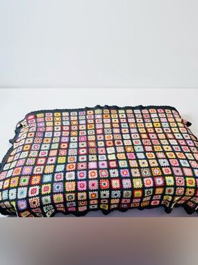Crochet Granny Square Blanket 68x45 Black Multicolor Boho Throw